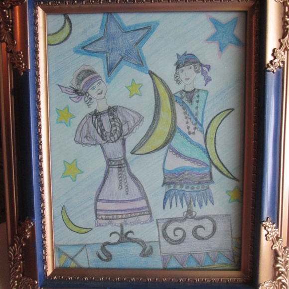 WHIMSICAL WAYS ART Other - FLAPPER GIRLS, COLORED PENCIL DRAWING IN FRAME,